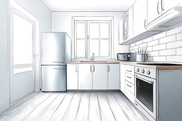 Modern Kitchen Design Sketch - Sketch of a modern kitchen with white cabinets, stainless steel appliances, and wood flooring. Simple design, clean lines