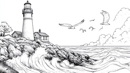 Lighthouse at sea, rocky coast, birds flying, tranquil scene, sketch style