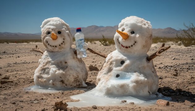 Two melting snowmen in a desert landscape.