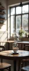 Fototapeta premium A steaming cup of rich, dark coffee sits on a rustic wooden table, surrounded by scattered coffee beans and a silver spoon, with soft morning light filtering through a nearby window.