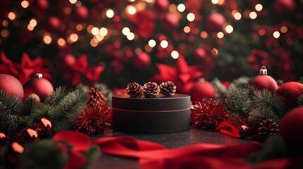 A striking product display podium is highlighted amidst festive decorations featuring red ribbons, sparkling tinsel, and pine cones, creating a captivating holiday ambiance for a launch event