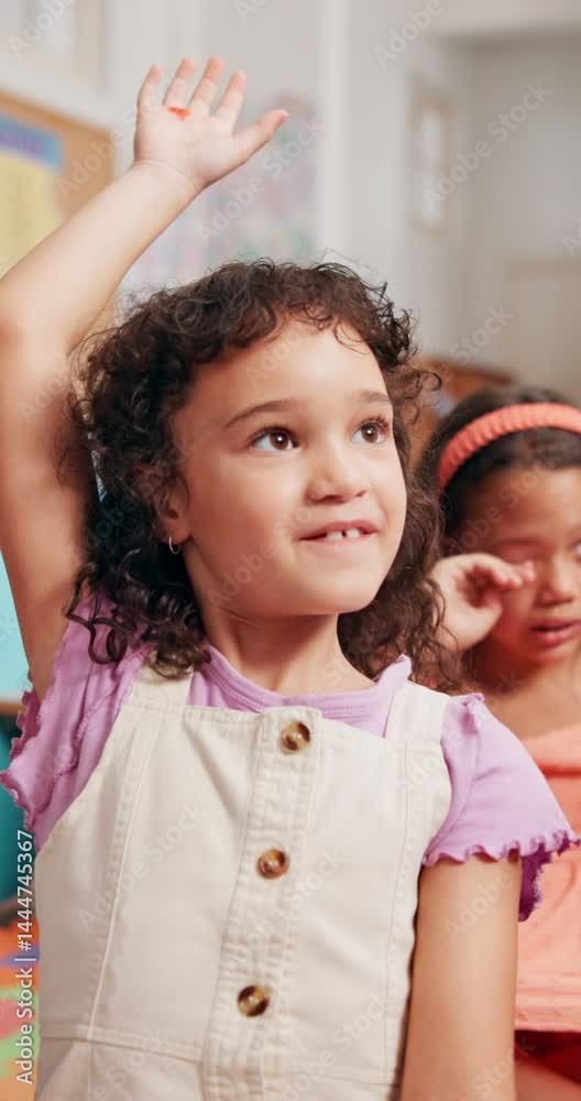 Poster happy girl, student and hands raised with question for interaction, answer or response in classroom.