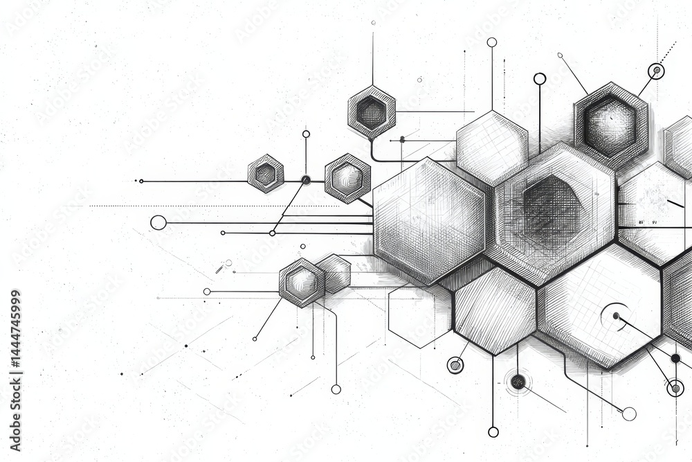 Poster network hexagon structure - abstract grayscale sketch of interconnected hexagons, representing netwo