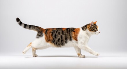 Calico cat in mid-run on a seamless white background captured with motion blur
