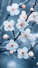 Frosty Plum Blossoms in Winter with Soft Blue Background