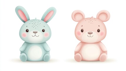 Obraz premium Cute cartoon bunny and mouse illustration.