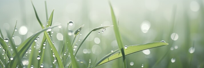 Morning dew delicately shimmering on fresh green grass blades, creating a mesmerizing and tranquil nature scene that exudes calm and serenity in every droplet.
