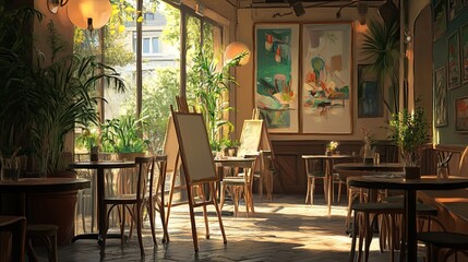 Obraz premium Relaxing cafe with soft lighting, easels, and creative available..