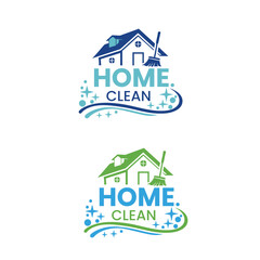 Home Cleaning Service Logo Design with House and Broom in Blue and Green Variations