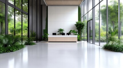 Modern, spacious lobby with greenery.  Tranquil reception area