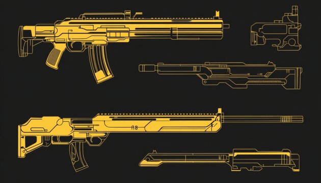 Yellow outline illustrations of various futuristic rifles.