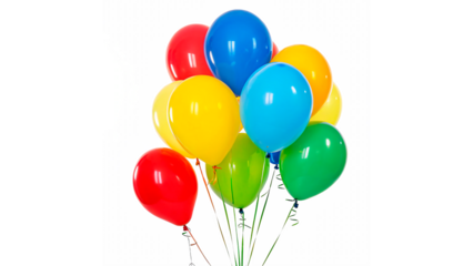  brightly colored balloons in red, blue, yellow, and green isolated on transparent background