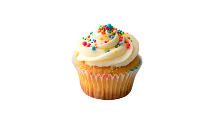 Delicious Vanilla Cupcake with White Frosting and Colorful Sprinkles isolated on transparent background