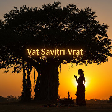 Woman Praying at Sacred Banyan Tree for Vat Savitri Vrat at Sunset