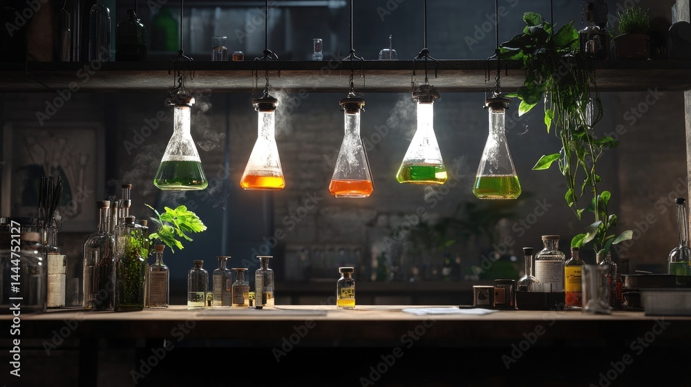 Poster a laboratory with hanging illuminated flasks, where technology and chemistry intersect