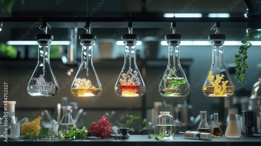 Aufkleber a laboratory with hanging illuminated flasks, where technology and chemistry intersect