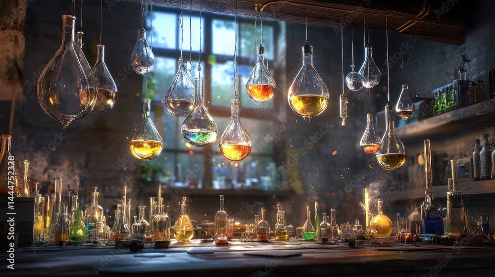 Poster a laboratory with hanging illuminated flasks, where technology and chemistry intersect