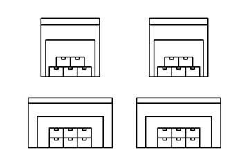 正方形と長方形の形をした荷物が置かれた倉庫のアイコンセット