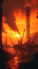 An offshore oil platform stands tall during sunset, with cranes and drilling equipment creating a dramatic silhouette against the colorful sky