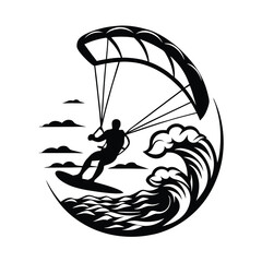 Black Silhouette of Man Kitesurfing on Wavy Ocean with Parachute in Round