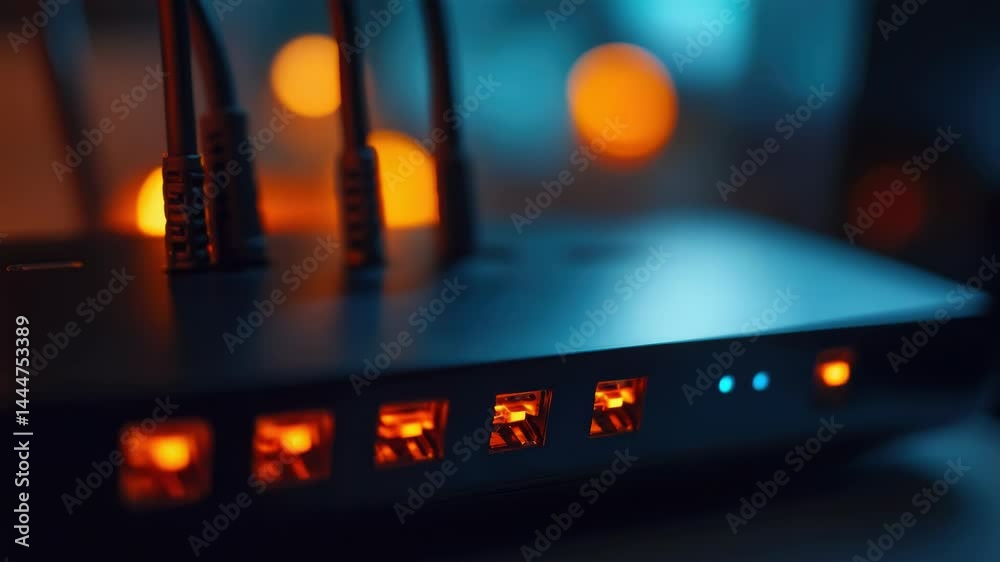 Poster A close-up shot of a wireless router on a table, perfect for technology and computer-related content