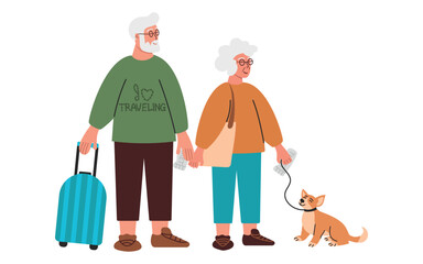 Elderly couple traveling with their pet. The concept of active pensioners traveling with their pet