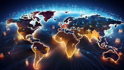 Obraz premium Global supply chain management overview with world map, logistics network, distribution.