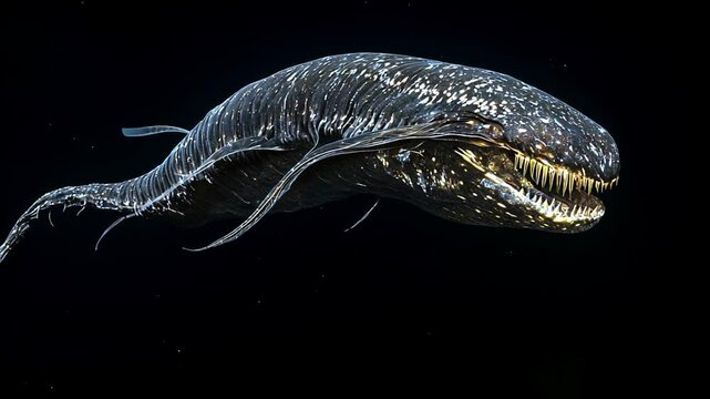 Encountering a rare deep-sea dragonfish, a predatory fish in the abyss, black background