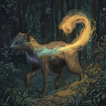 Magical fossa with smoke like fur that shifts colors in the moonlight slinking through an enchanted forest