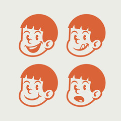 Vector illustration of retro-style cartoon boy heads showing various facial expressions. Fun, nostalgic, and perfect for stickers, branding, comics, or children's design themes