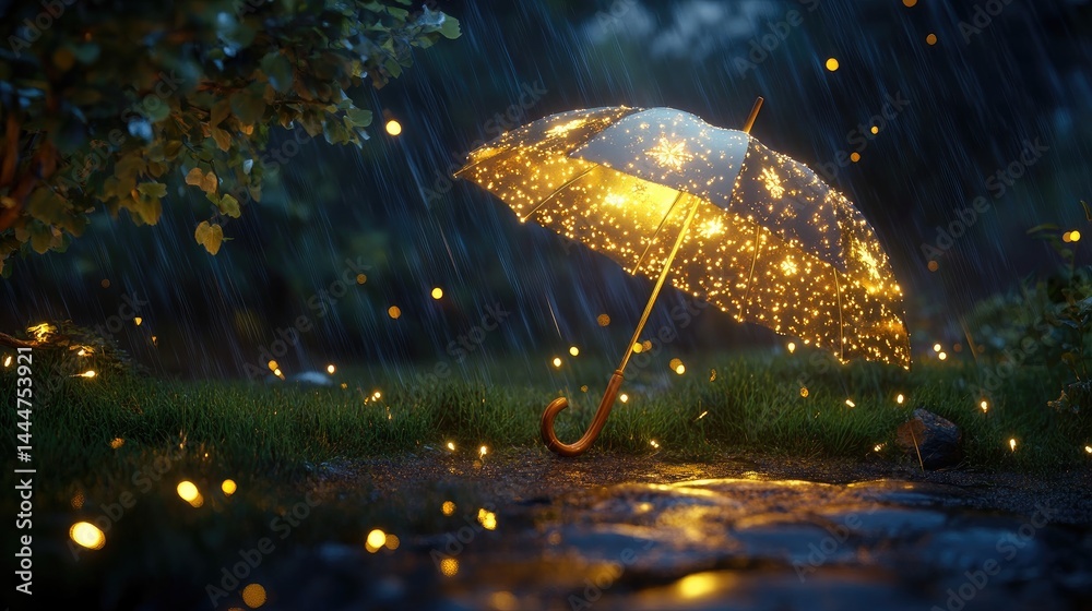 Poster a glowing umbrella with cascading fairy lights glimmers magically in the dark, creating a dreamy, wh
