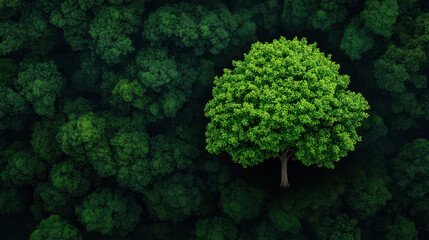 Lush green tree stands out in dense forest, vibrant foliage contrasts with darker canopy, symbolizing uniqueness and natural beauty, peaceful and serene atmosphere