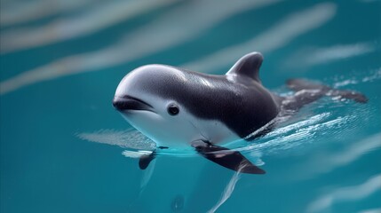 Naklejka premium Playful Dall's Porpoise Calf Swimming in Clear Water