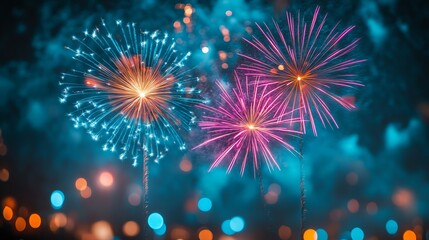 Naklejka premium Vibrant Explosions of Colorful Fireworks Illuminating the Night Sky Creating a Festive and Joyful Atmosphere
