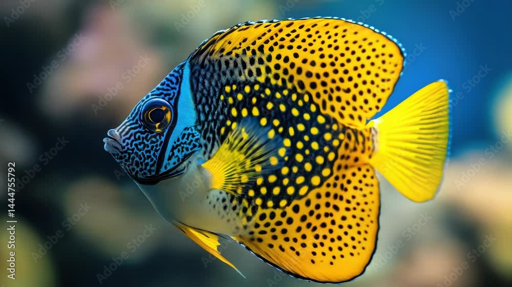 Poster a close-up view of a colorful fish with yellow and blue scales