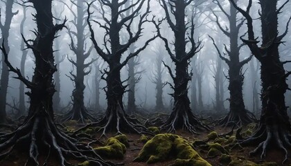 Obraz premium Twisted Thorny Forest Shrouded in Fog with Gnarled Trees