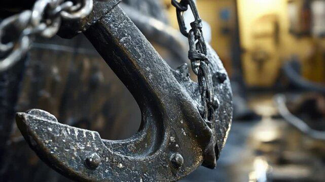 A close-up view of an anchor linked to a chain, perfect for use in nautical-themed designs or as a decorative element