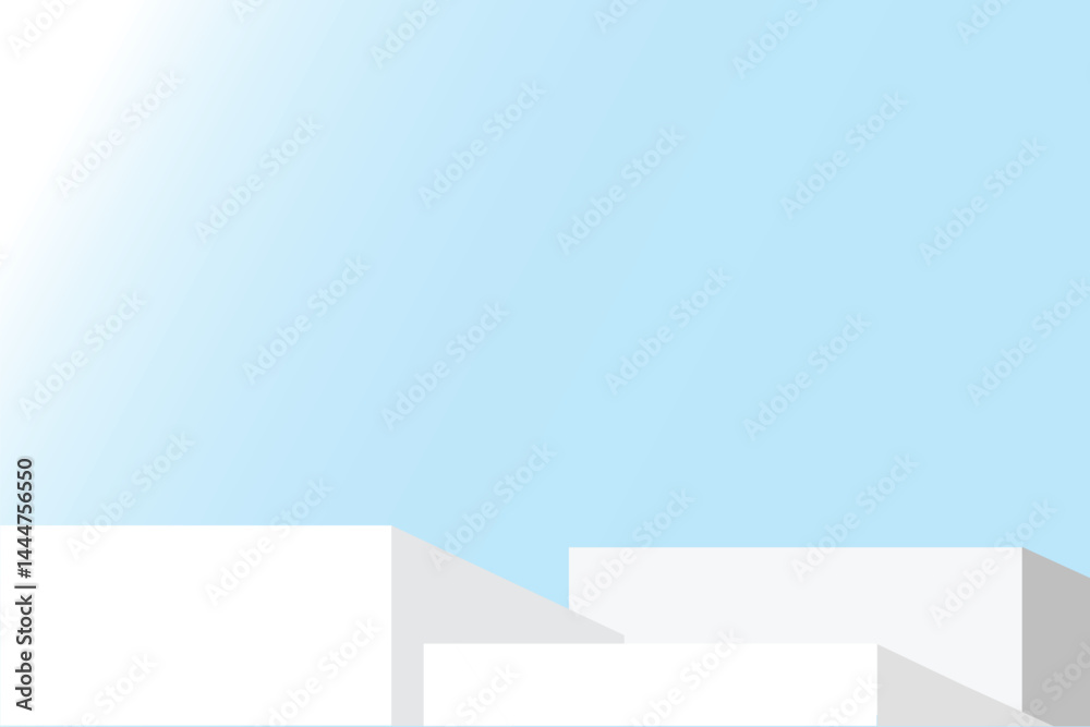 Poster minimalist white podium geometric shapes blue background modern clean empty abstract horizontal layo
