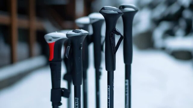 A row of ski poles sits on the snowy ground, ready for use