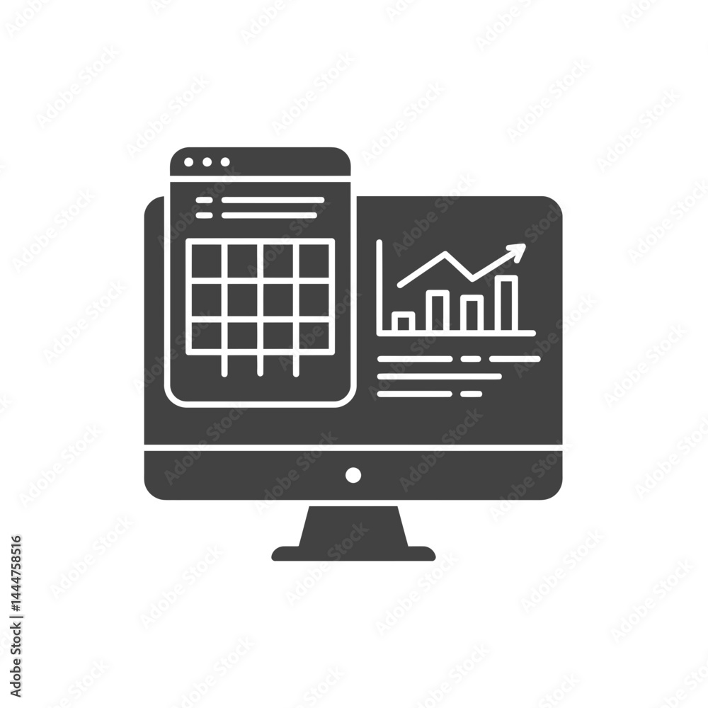 Poster digital analysis: a modern depiction of a computer monitor displaying analytical data, charting prog
