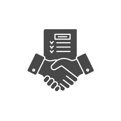 Business Agreement: A stylized vector icon depicting the culmination of a professional agreement between two individuals, with two hands clasped in a handshake, and a contract in the background.