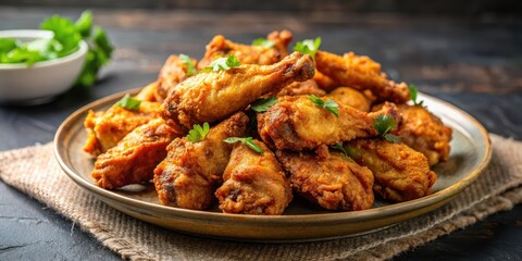 Crispy chicken wings with golden brown skin and tender meat on a plate, appetizer, chicken wings,  appetizer