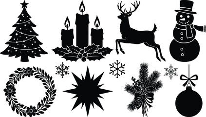 Christmas silhouettes featuring a decorated tree, glowing candles with holly, joyful snowman, leaping reindeer, festive wreath, and intricate snowflakes