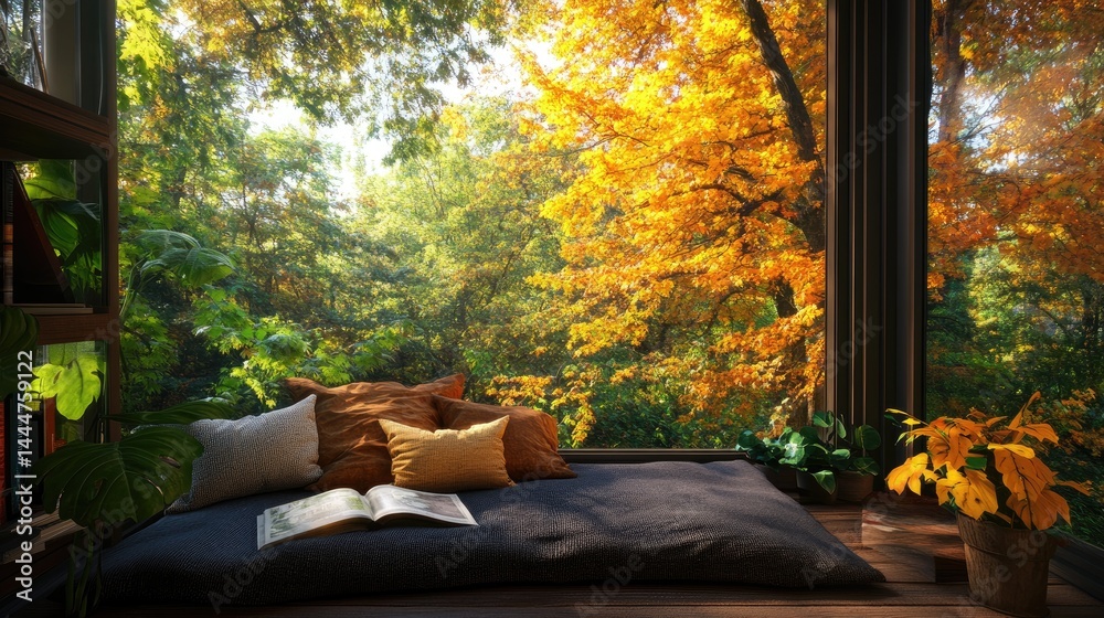 Poster a comfy reading nook overlooks a vibrant autumn forest, framed by a large window