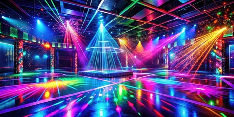 Neon-lit dance floor with vibrant colors and moving splash effects creating a mesmerizing atmosphere, flashing lights, club scene