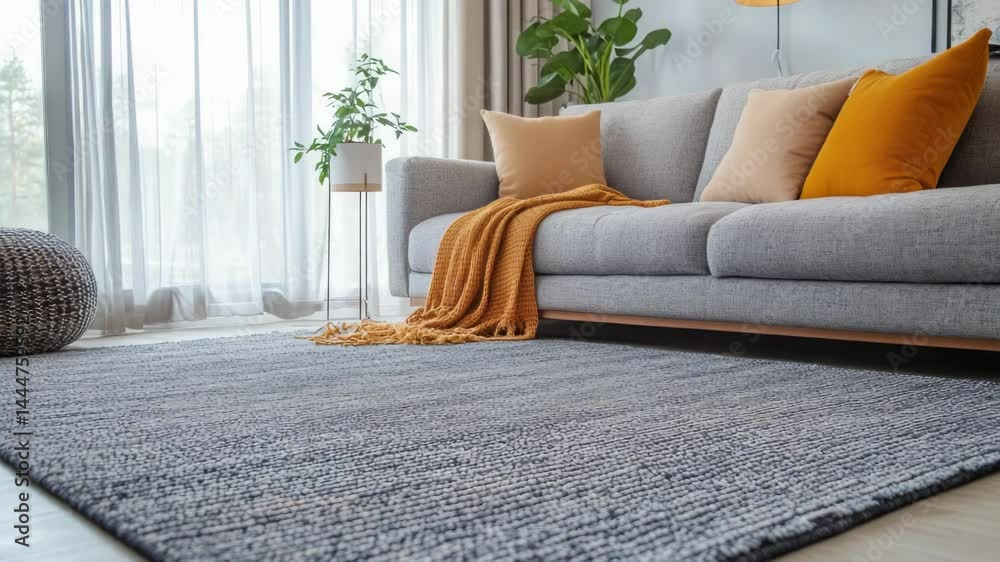 Poster a comfortable home space with a sofa and carpet, suitable for relaxation or socializing