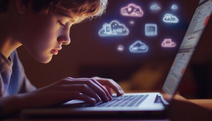 A child engrossed in digital learning at night.