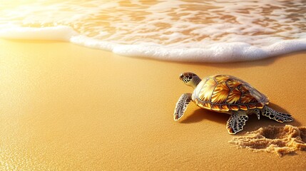 Magnificent sea turtle on sunlit wet sand by the ocean waves for nature and conservation themes