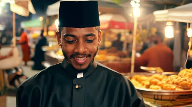 Nigerian man in agbada walks confidently, facing the camera, past street food stalls with warm glowing lamps, dolly zoom in, practical light