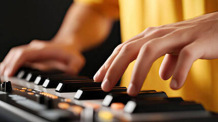 Obraz premium Creative asian composer playing midi keyboard synthesizer for music composition and production projects